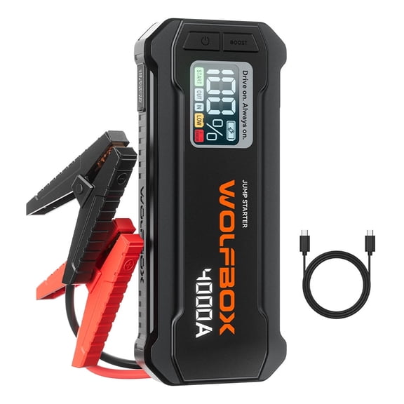 WolfBox 4000A Car Jump Starter, Portable Battery Pack & Jumper Cables for 10L Gasoline/Diesel Engines, Black