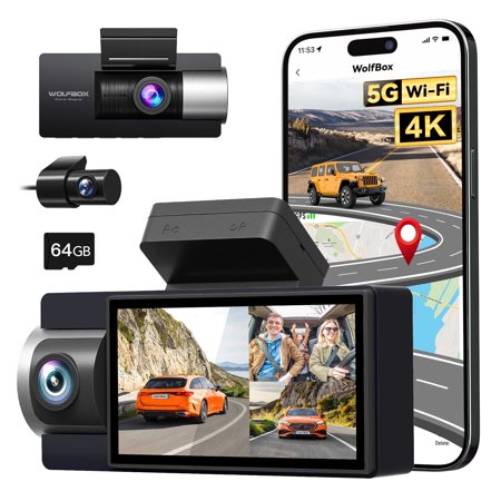 WolfBox 4K UHD 3 Channel Dash Cam, 4K+1080P+1080P Dash Cam Front and Rear Inside with 64GB Card, Built-in 5G WiFi GPS, Super IR Night Vision, Triple Car Camera with 3" Screen, WDR, Parking Mode