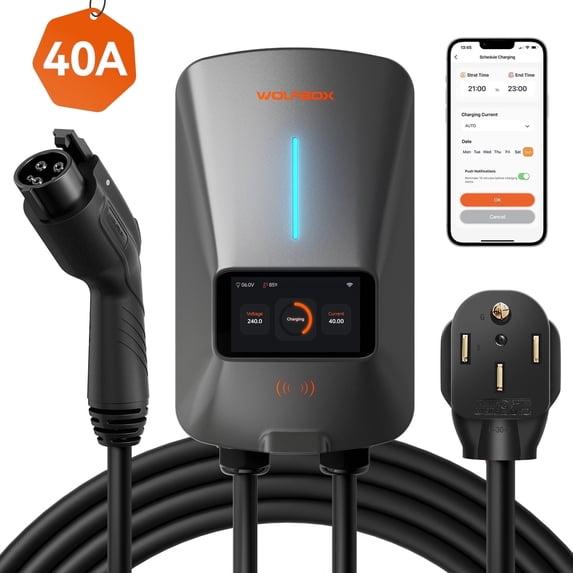 WolfBox EV Charger, Level 2 EV Vehicle Charging Station, 240V 40 Amp with NEMA 14-50 Plug, Wifi Enabled Electric Car Charger, Smart Display, RFID Card, Grey