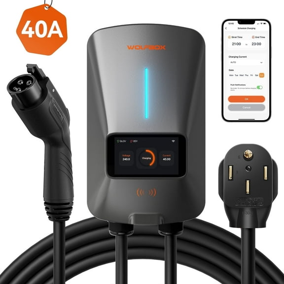 WolfBox EV Charger, Level 2 EV Vehicle Charging Station, 240V 40 Amp with NEMA 14-50 Plug, Wifi Enabled Electric Car Charger, Smart Display, RFID Card, Grey