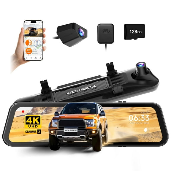 WolfBox Mirror Dash Cam with STARVIS 2 IMX678, 12inches Rear View Mirror Camera Front 4K and Rear 2.5K, Free 128GB Card, 5.8GHz WiFi, G-Sensor & GPS