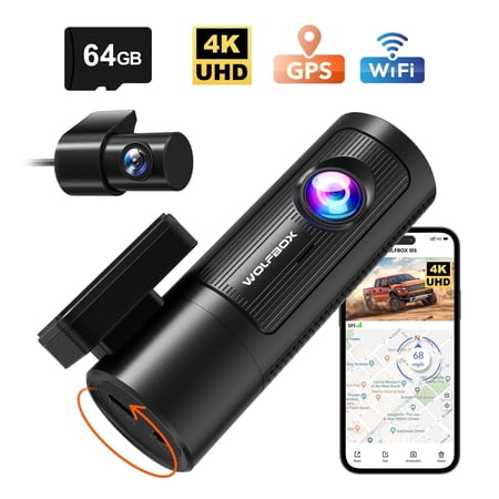WolfBox I05 Dash Cam Front and Rear, 4K UHD + 1080P Cars DashCam with GPS & WiFi, Night Vision, WDR, Free 32G Card, Loop Recording