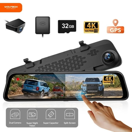 WolfBox Mirror Dash Cam, 12" 4K Rear View Mirror Dashcam with Full Touch Screen, Wifi & GPS, WDR, Super Night Vision, Free 32GB Card