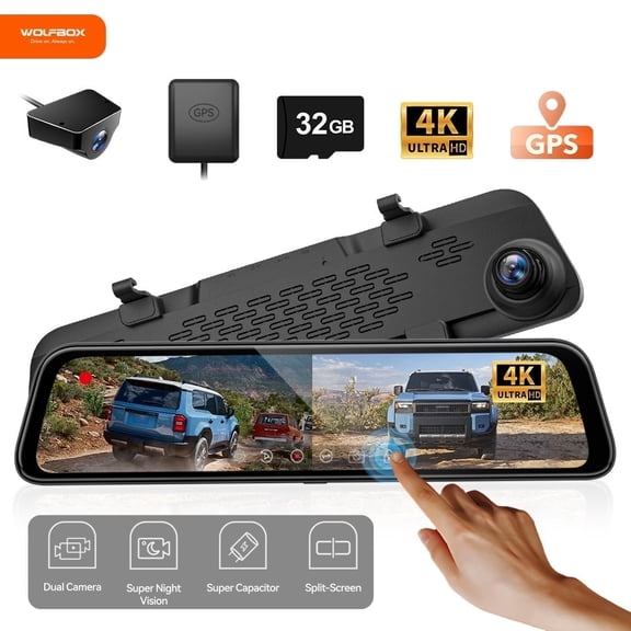 WolfBox Mirror Dash Cam, 12" 4K Rear View Mirror Dashcam with Full Touch Screen, Wifi & GPS, WDR, Super Night Vision, Free 32GB Card