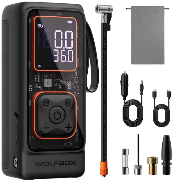 WolfBox Portable Tire Inflator, 150 Psi Tire Pressure Pressure Gauge, Air Compressor for Car Tires with 12000 mAh Battery, 35L/Min Fast Inflation Air Compressor for Car, Motorcycle, Bicycle & Ball