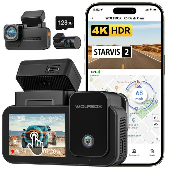 WolfBox X5 3 Channel Car Dash Cam, 4K Front+1080P Inside+2.5K Rear Camera, 5.8GHz Wi-Fi & GPS, Touchscreen, Voice Control