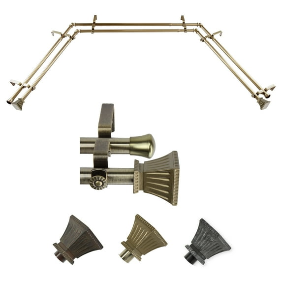 Wolfgang 13/16" Dia Double Bay Window curtain rod Adjustable 20"-36", 38"-72" - Antique Brass,(ABay-01-4D)