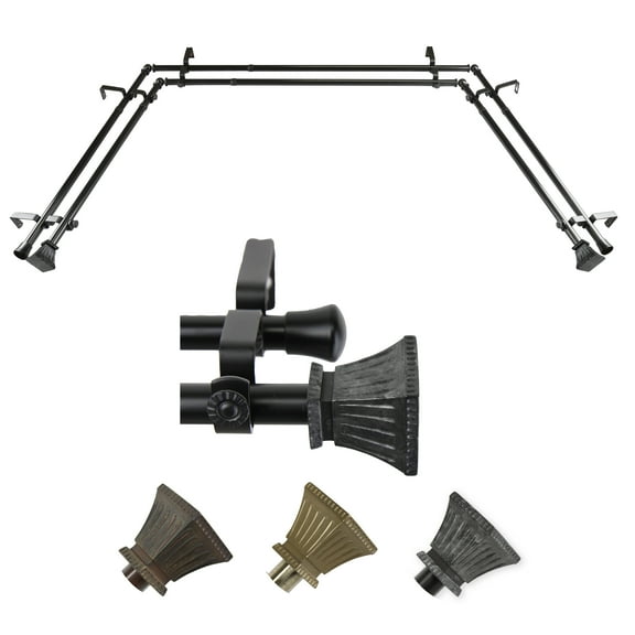 Wolfgang 13/16" Dia Double Bay Window curtain rod Adjustable 20"-36", 38"-72" - Black,(ABay-01-2D)