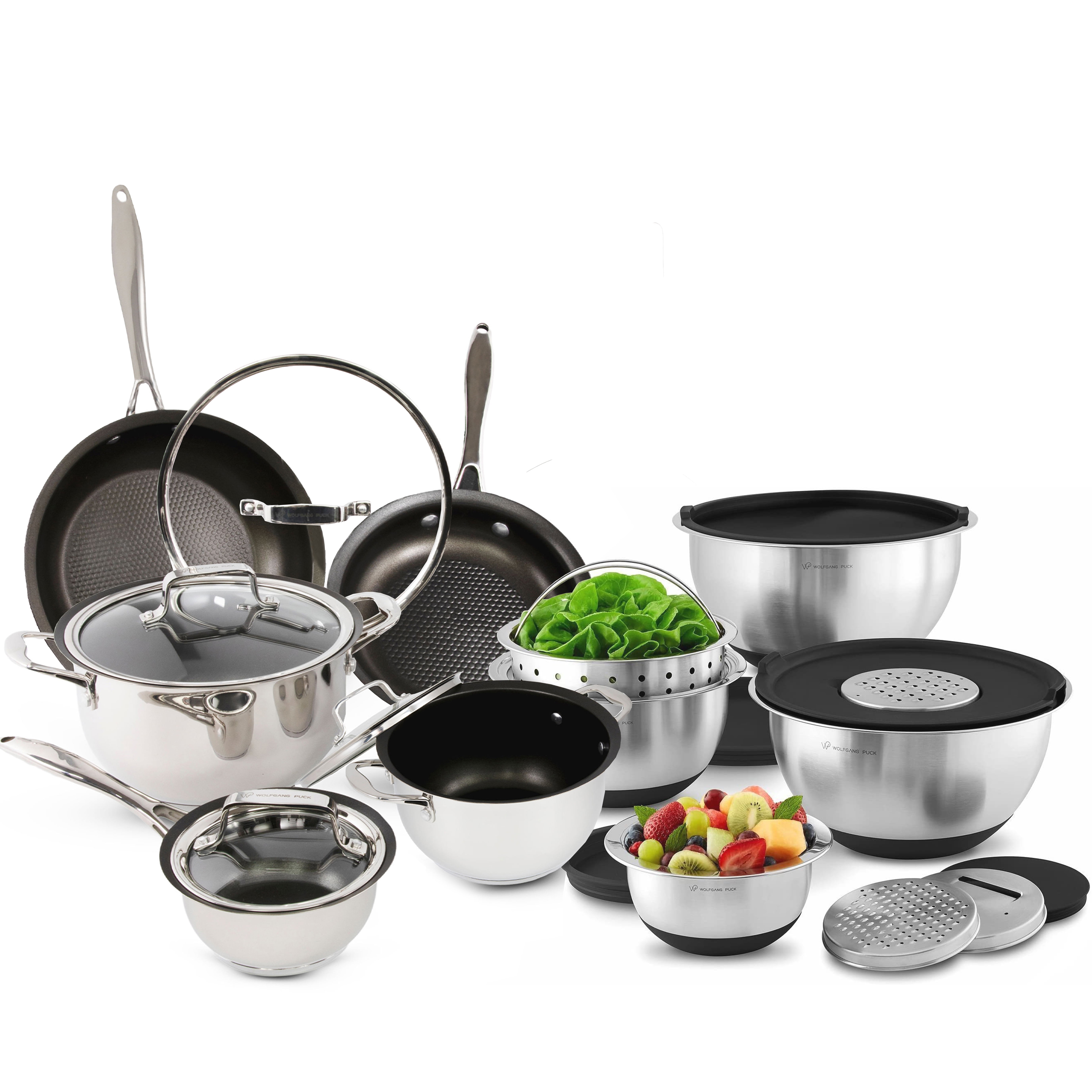 Wolfgang Puck 21-Piece Stainless Steel Cookware and Mixing Bowls Set,  Non-Stick Pots, Pans & Skillets; Nesting Bowls with Lids & Interchangeable  Blades 