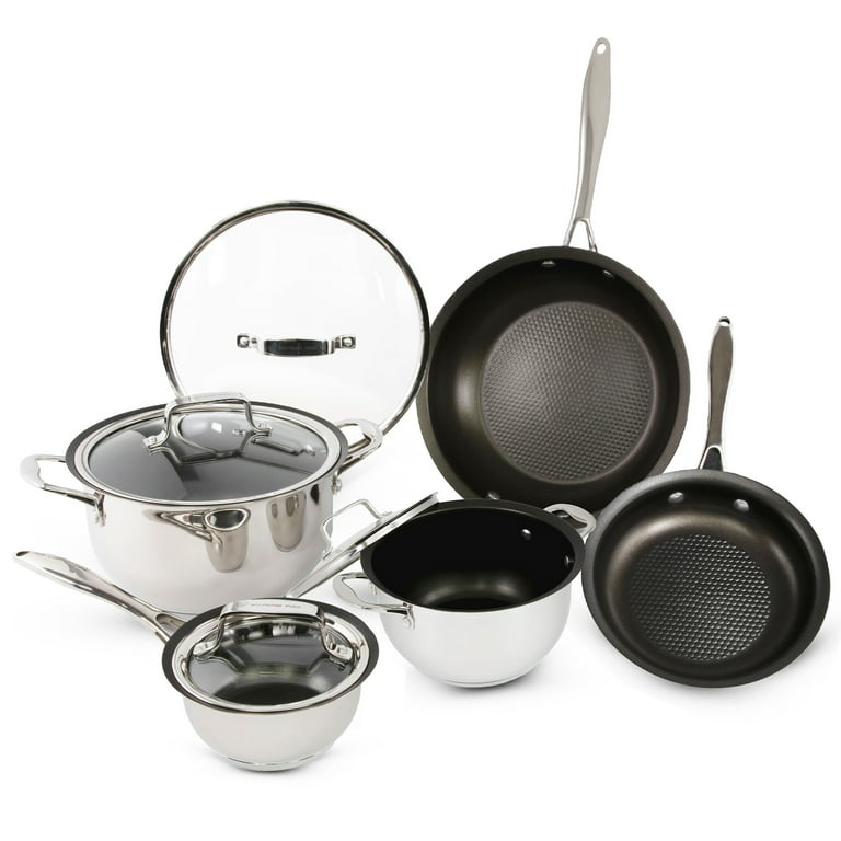  Wolfgang Puck 9-Piece Stainless Steel Cookware Set;  Scratch-Resistant Non-Stick Coating; Includes Pots, Pans and Skillets;  Clear Lids and Cool Touch Handles, Extra-Wide Rims for Easy Pouring: Home &  Kitchen