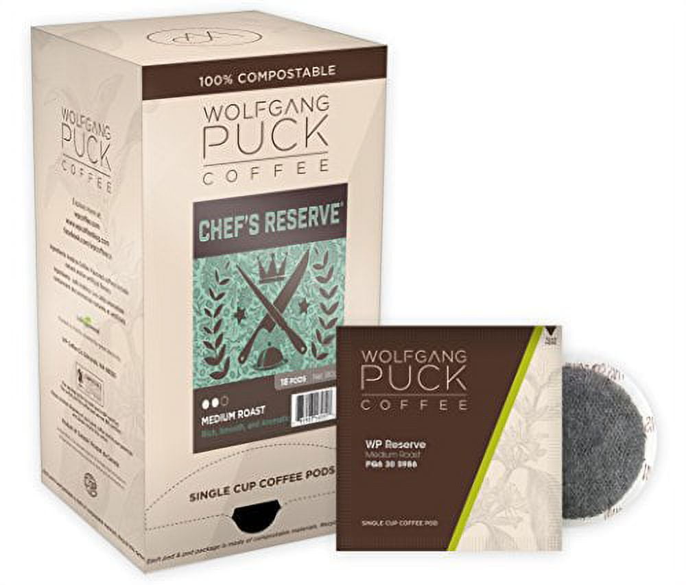 Wolfgang Puck Coffee, Chef's Reserve, Medium Roast, 9.5 Gram Soft Pods, 18 Count (Pack of 1