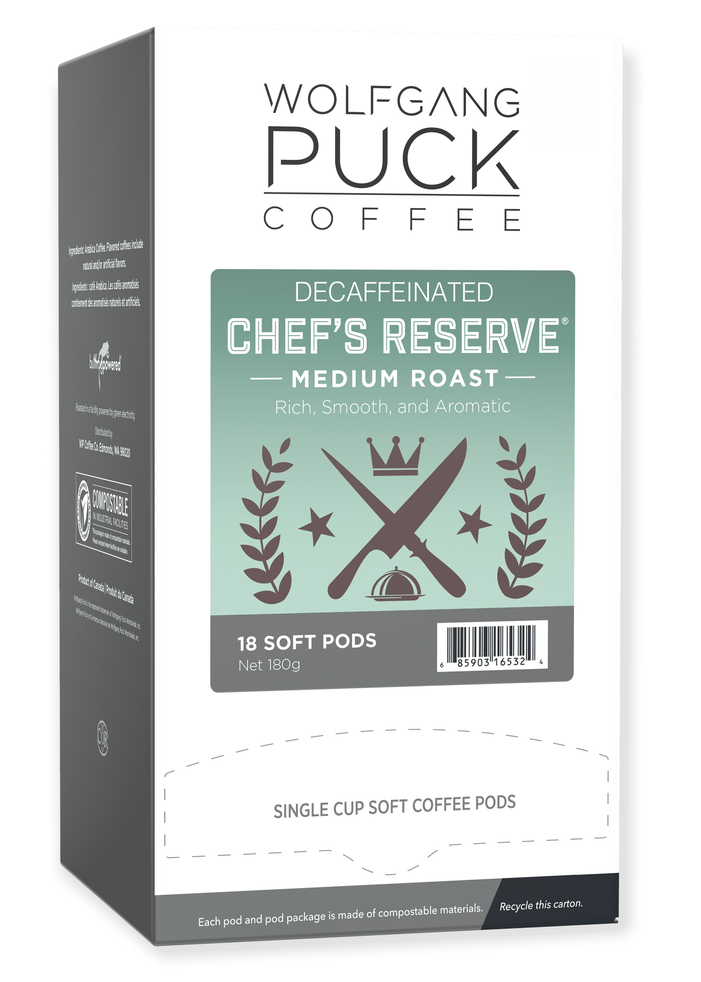 Wolfgang Puck Coffee Soft Pods, Chef's Reserve Decaf, 18 count (Pack of 6)