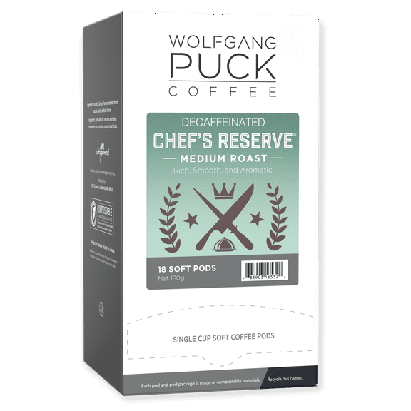 Wolfgang Puck Coffee Soft Pods, Chef's Reserve Decaf, 18 count (Pack of 6)