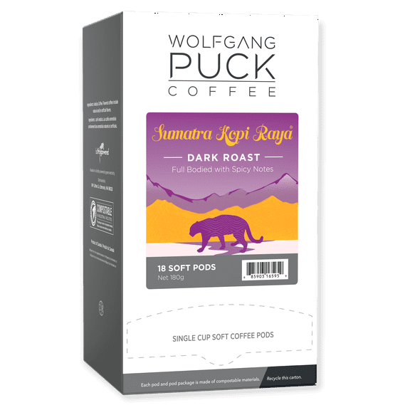 Wolfgang Puck Coffee Soft Pods, Sumatra Kopi Raya, Dark Roast, 18 count (pack of 6)