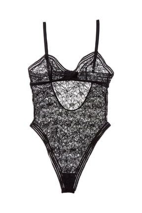 womens Graphic Lace Built Up Bodysuit, l, Black