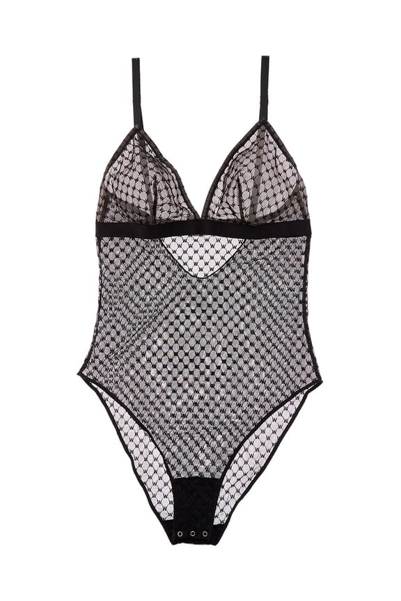 womens Sheer Logo Triangle Bodysuit, l, Black
