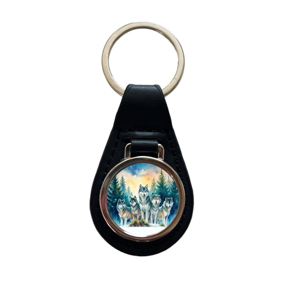 Wolfpack Snowy Forest Wolf Scene Watercolor Metal Black Leather Keychain