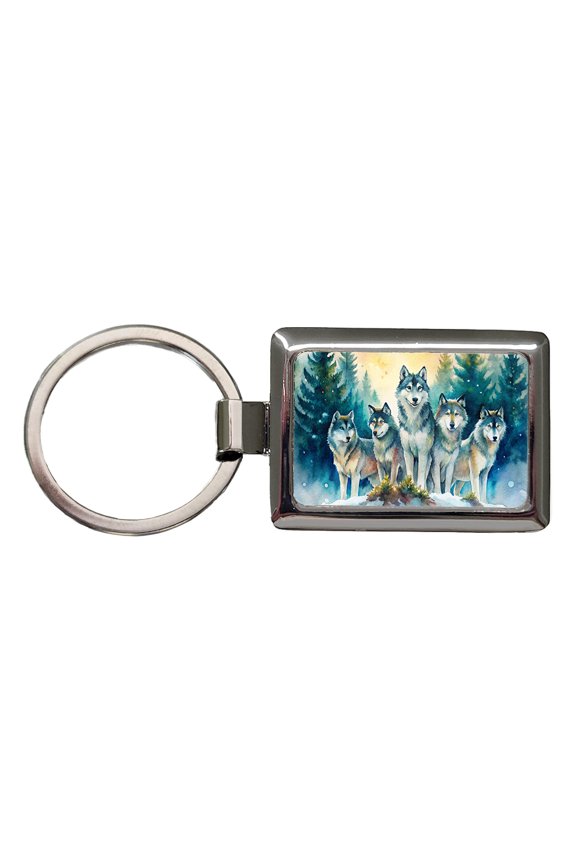 Wolfpack Snowy Forest Wolf Scene Watercolor Metal Rectangle Keychain