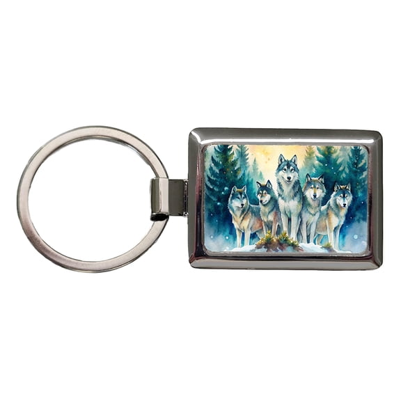 Wolfpack Snowy Forest Wolf Scene Watercolor Metal Rectangle Keychain