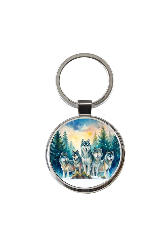 Wolfpack Snowy Forest Wolf Scene Watercolor Metal Round Keychain
