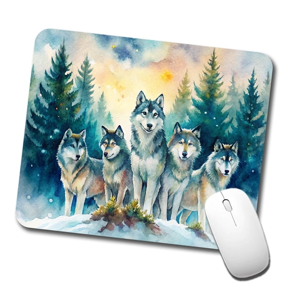 Wolfpack Snowy Forest Wolf Scene Watercolor Mouse Pad Low Profile Gaming Mat