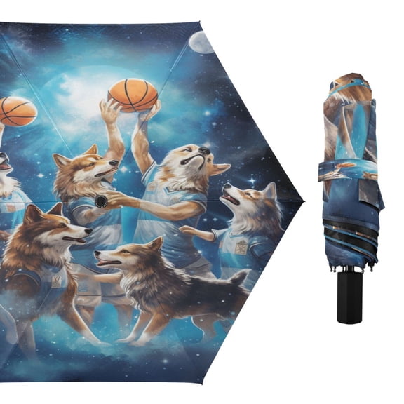 Wolfs Playing Basketball Compact Sun Umbrella Windproof Travel Umbrellas for Rain Strong Portable UV Protection