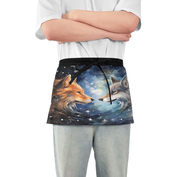 Wolfs in Galaxy Server Apron with 3 Pockets Waterproof Waitress Waist Short Apron for Man Woman 12 Inches