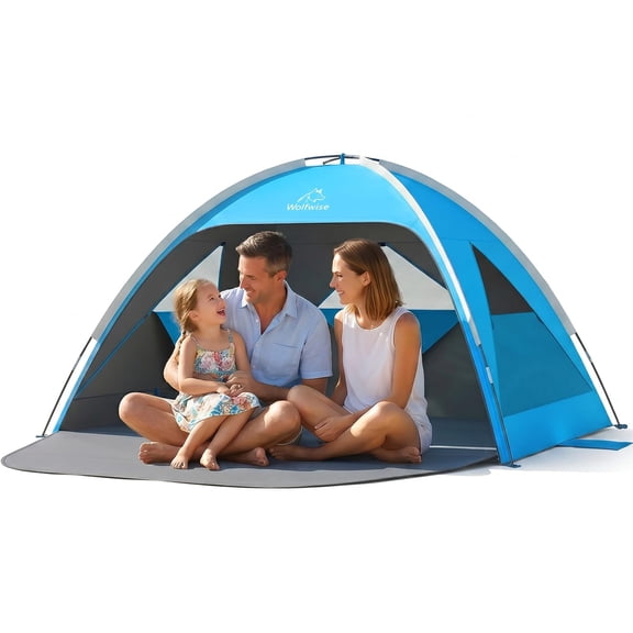 Wolfwise Beach Tent Sun Shelter for 3 Person with UPF 50+ UV Protection, Sun Shade Beach Tents with Extendable Floor for Privacy, 3 Ventilated Mesh Windows, 87 ''x59''x48'', Black Coating