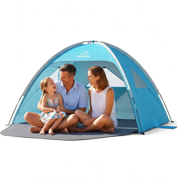 Wolfwise Beach Tent Sun Shelter for 3 Person with UPF 50+ UV Protection, Sun Shade Beach Tents with Extendable Floor for Privacy, 3 Ventilated Mesh Windows & Carrying Bag, 87 ''x59''x48'', Blue