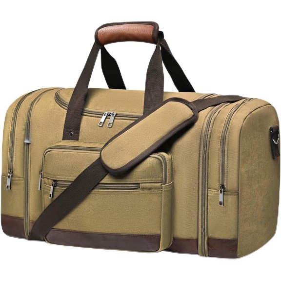 Wolhbege Duffle Bag for Travel,Mens Travel Bag & Carry Bag for Men with Expandable Design and Luggage Sleeve -Duffel Bag for Gym, Weekender,Canvas,Overnight Trips Khaki