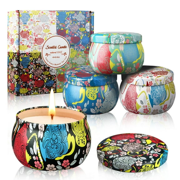 Woliwowa Scented Candles Gift Set, Aromatherapy Candles Gifts for Women,Lavender,Vanilla,Lemon,Jasmine,Natural Soy Wax Portable Travel Tin Candle,4 x 4.4 Oz