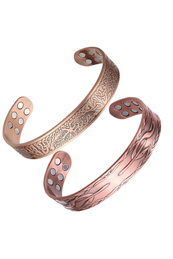 18X Magnetic Copper Cuff Bracelet for Men, Iris Tree& Root,Set of 2
