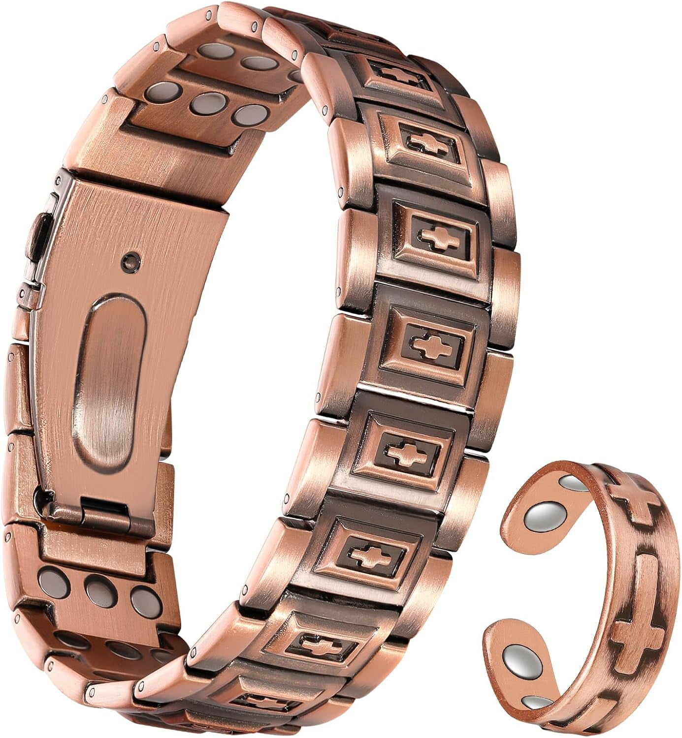 Wollet 3X Copper Magnetic Bracelet Ring for Men 3500 Gauss Magnets, Adjustable Copper Jewelry Gift Set of 2