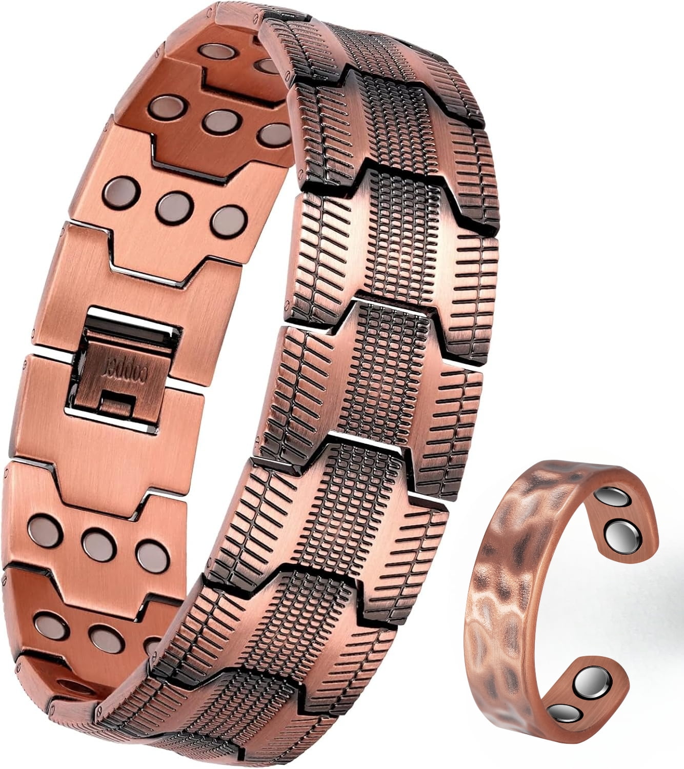Wollet 3X Copper Magnetic Bracelet Ring for Men 3500 Gauss Magnets, Adjustable Copper Jewelry Gift Set of 2