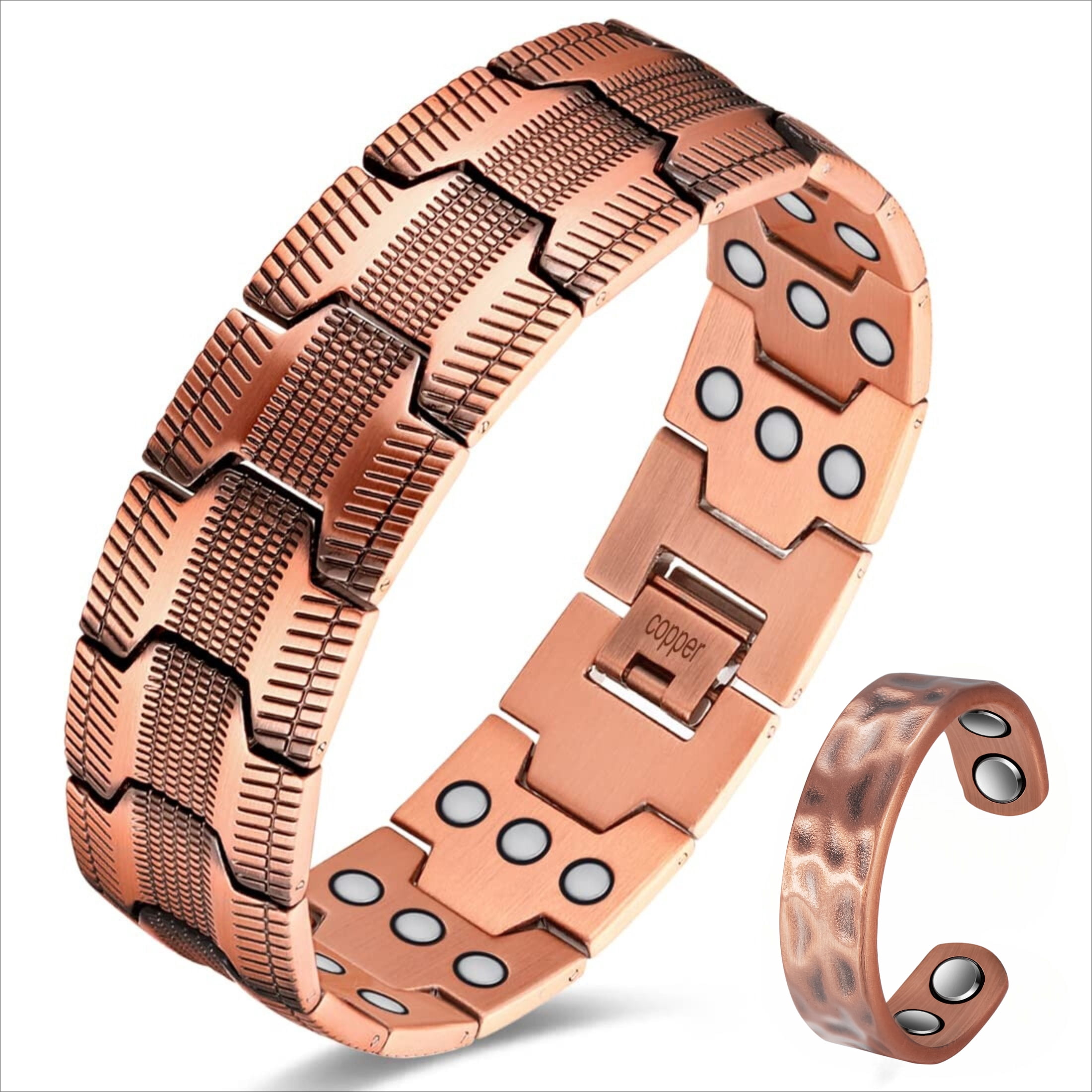 Wollet 3X Copper Magnetic Bracelet for Men, 99.99% Pure Copper Ring Jewelry Set