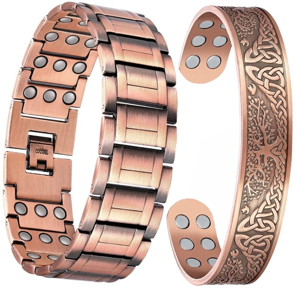 Wollet 3X Large Pure Copper Magnetic Bracelets for Men, Tree of Life Copper Jewelry Gift Set of 2, 18X Magnets