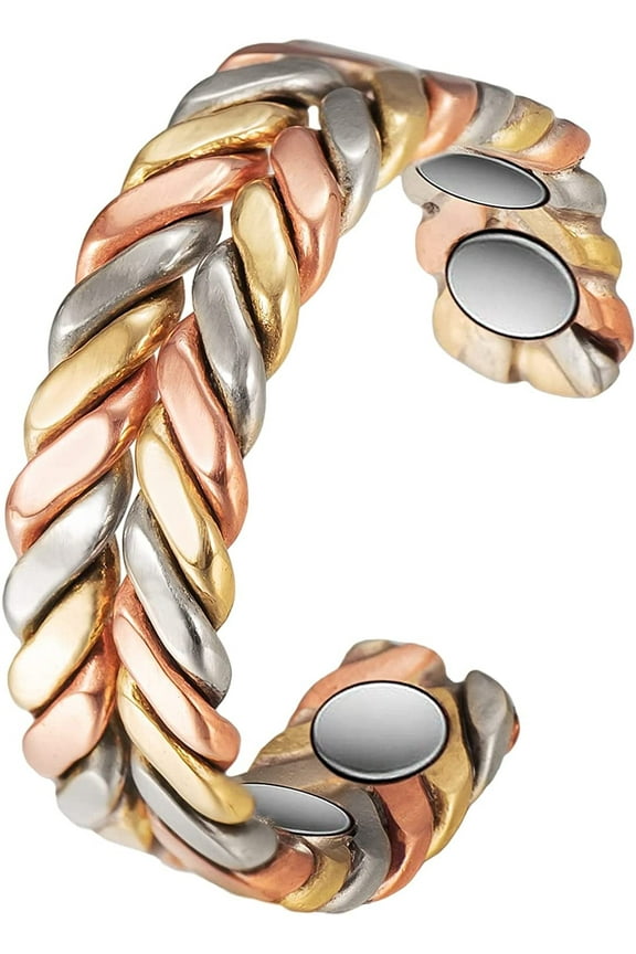 Wollet 4 Magnets Copper Ring, Braided Tri Tone Ring for Women or MenMagnetic Ring Jewelry 57.5 mm