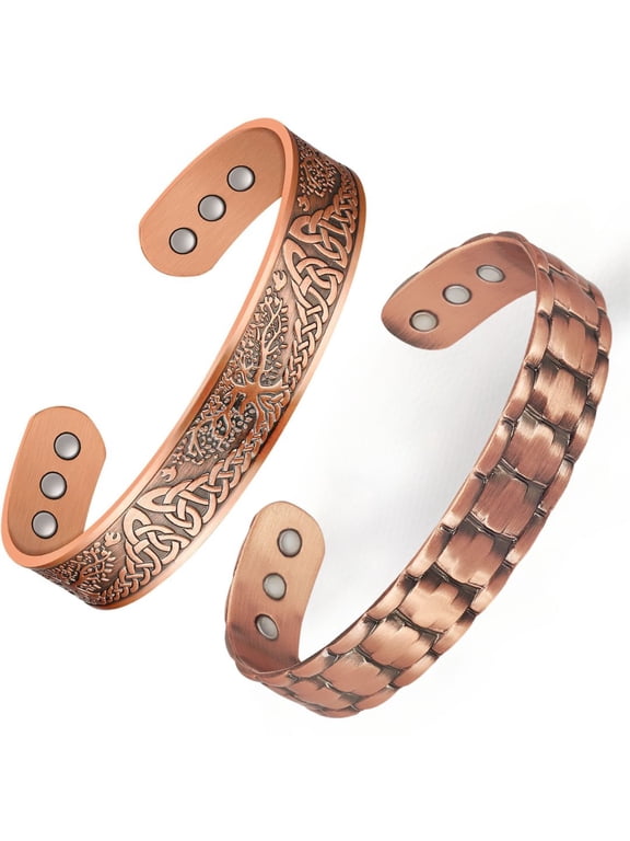 6X Magnetic Copper Cuff Bracelet for Men, Iris Tree& Line,Set of 2