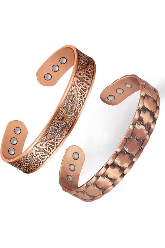 6X Magnetic Copper Cuff Bracelet for Men, Iris Tree& Line,Set of 2