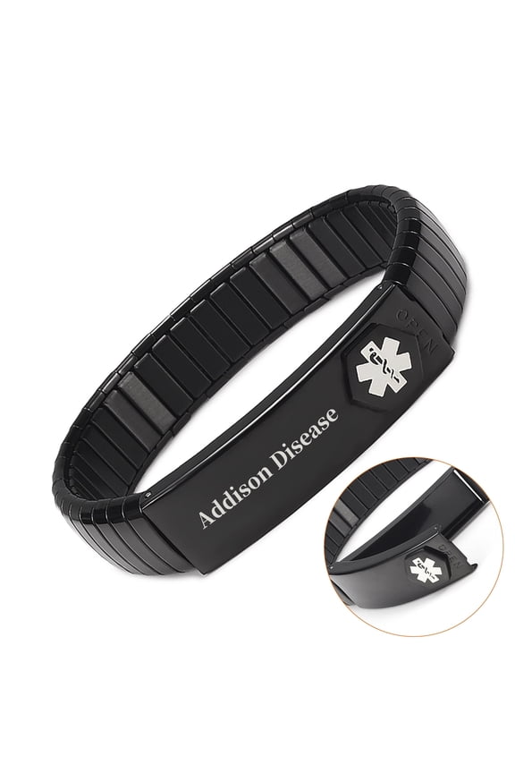 Wollet 7.5'' Stretch Black Medical Alert Bracelet for Women or Men, Easy on Easy off, Stainless Steel ID Bangle Personalized, Width:0.5'' , Addison Disease
