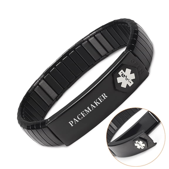 Wollet 7.5'' Stretch Black Medical Alert Bracelet for Women or Men, Easy on Easy off, Stainless Steel ID Bangle Personalized, Width:0.5'' , Pacemaker