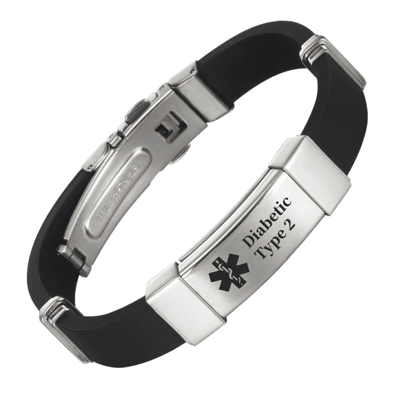 Magnetia 7.6'' Black Silicone Medical Alert Bracelets for Women Men, Health Magnetic ID Bracelets, Pre-Engraved Diabetic Type 2