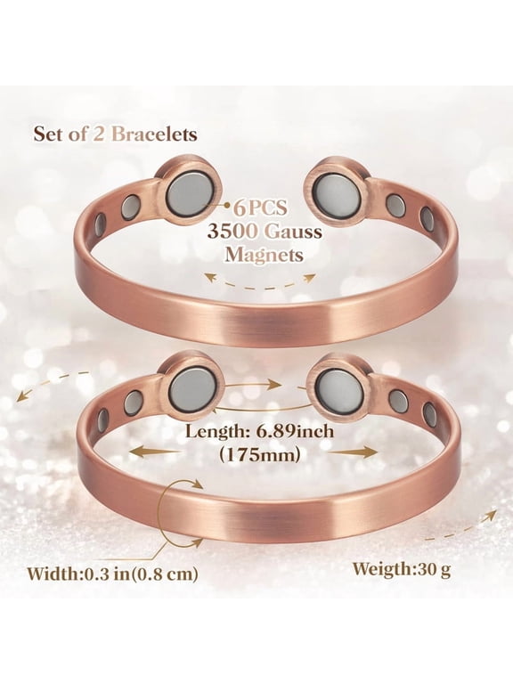 99.9% Pure Copper Magnetic Bracelets with 3500 Gauss Magnets, Adjustable Cuff Jewelry, Set of 2