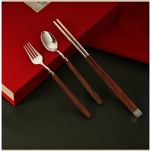Wollet 999 Sterling Silver Chopsticks Silver Small Spoon Silver Fork, Chinese Ebony/ Red Sandalwood Sterling Silver Tableware