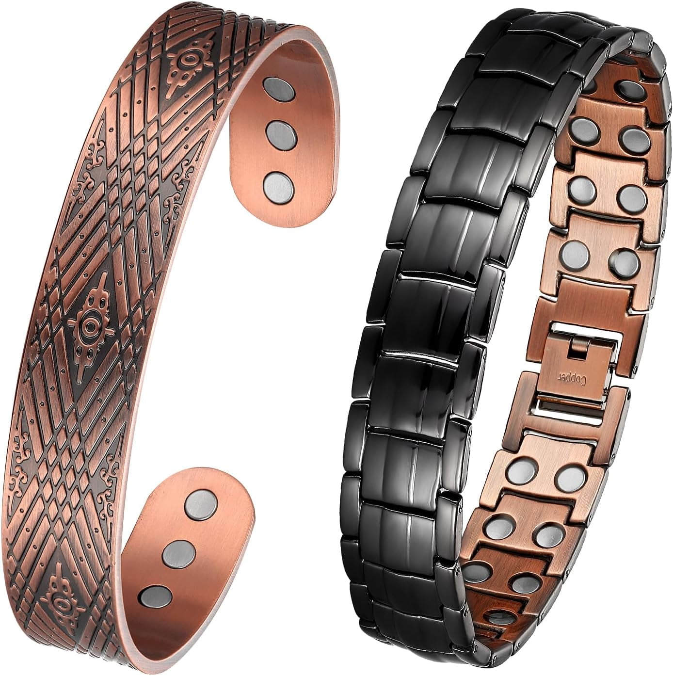 Wollet Black Copper Magnetic Bracelets for Men Adjustable Magnets Copper Jewelry Set of 2
