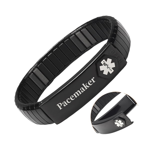 Magnetia Black Stainless steel Stretch Pacemaker Medical Alert Bracelet for Women or Men, 7.48", Black