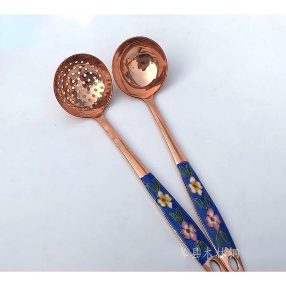 Wollet Blue Purple Copper Spoon Copper Colander, 25.5*6.3cm, Soup Spoon for Hot Pot Spoon Carved Enamel Spoon