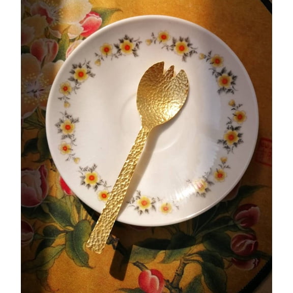 Wollet Brass Spoon Fork, Hammer Texture Dessert Handmade Brass Main Spoon Fork Fan-shaped