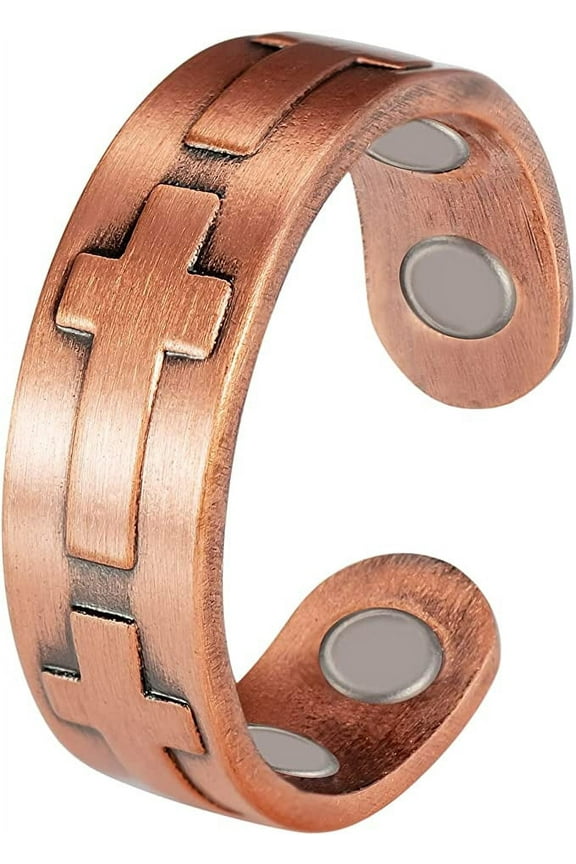 Christian Cross Copper Magnetic Ring, Pure Copper Jewelry, Adjustable Size
