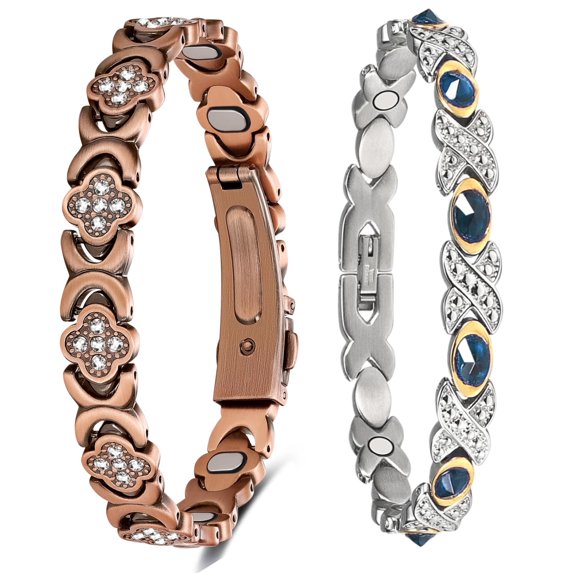 Wollet Clover Rold Gold Copper Magnetic Bracelets,Stainless Steel Bracelet with Red CZ,Magnetic Jewelry Set for Women